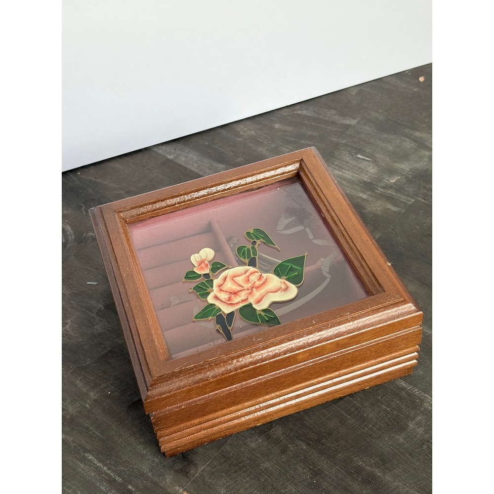 Vintage Rosalco Commodore Collection Wood Jewelry Box Glass Rose Lid Pink Lining